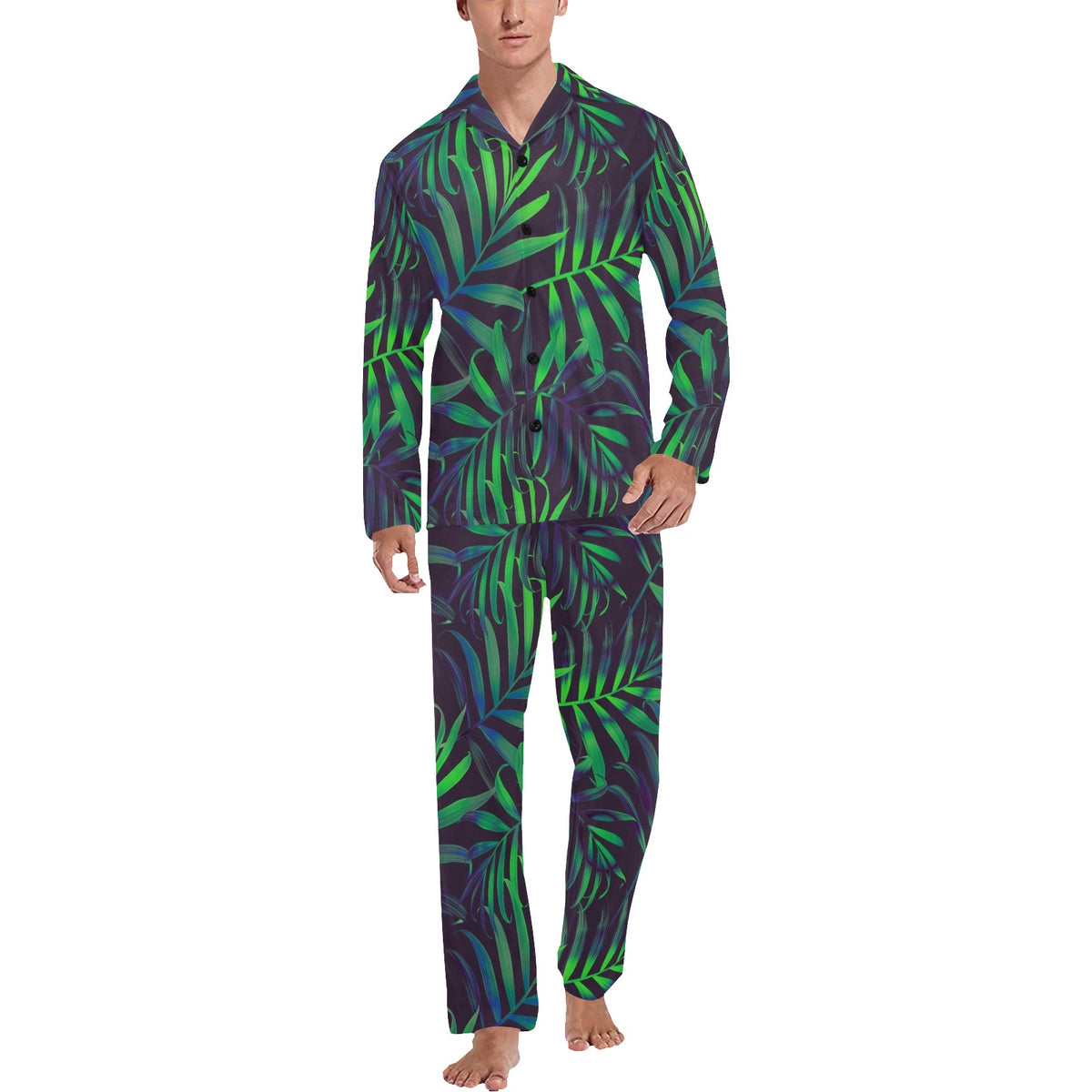 Palm Leaves Pattern Print Design PL01 Men's Long Sleeve Pajama Set