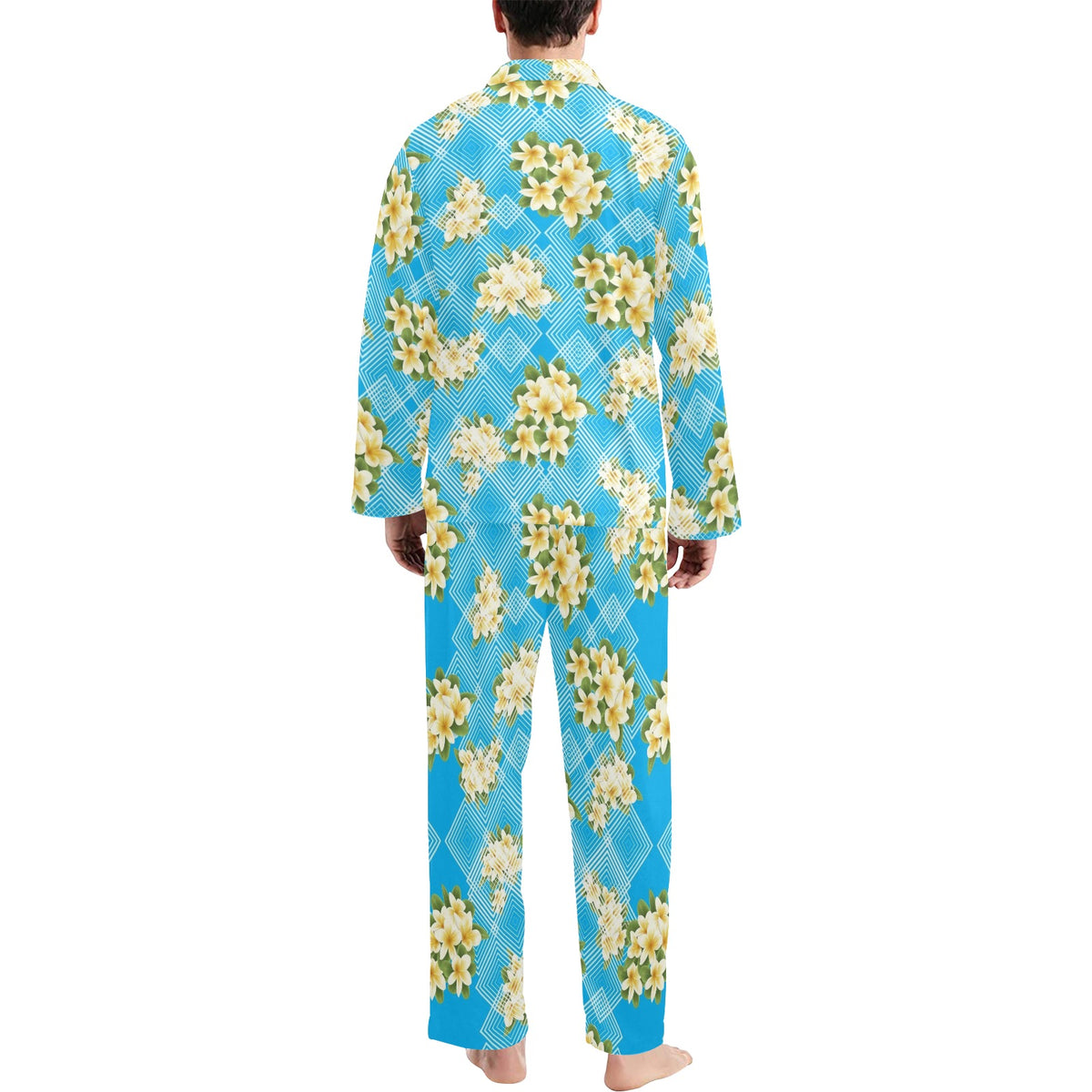 Yellow Plumeria Design Print Pattern Men's Long Sleeve Pajama Set