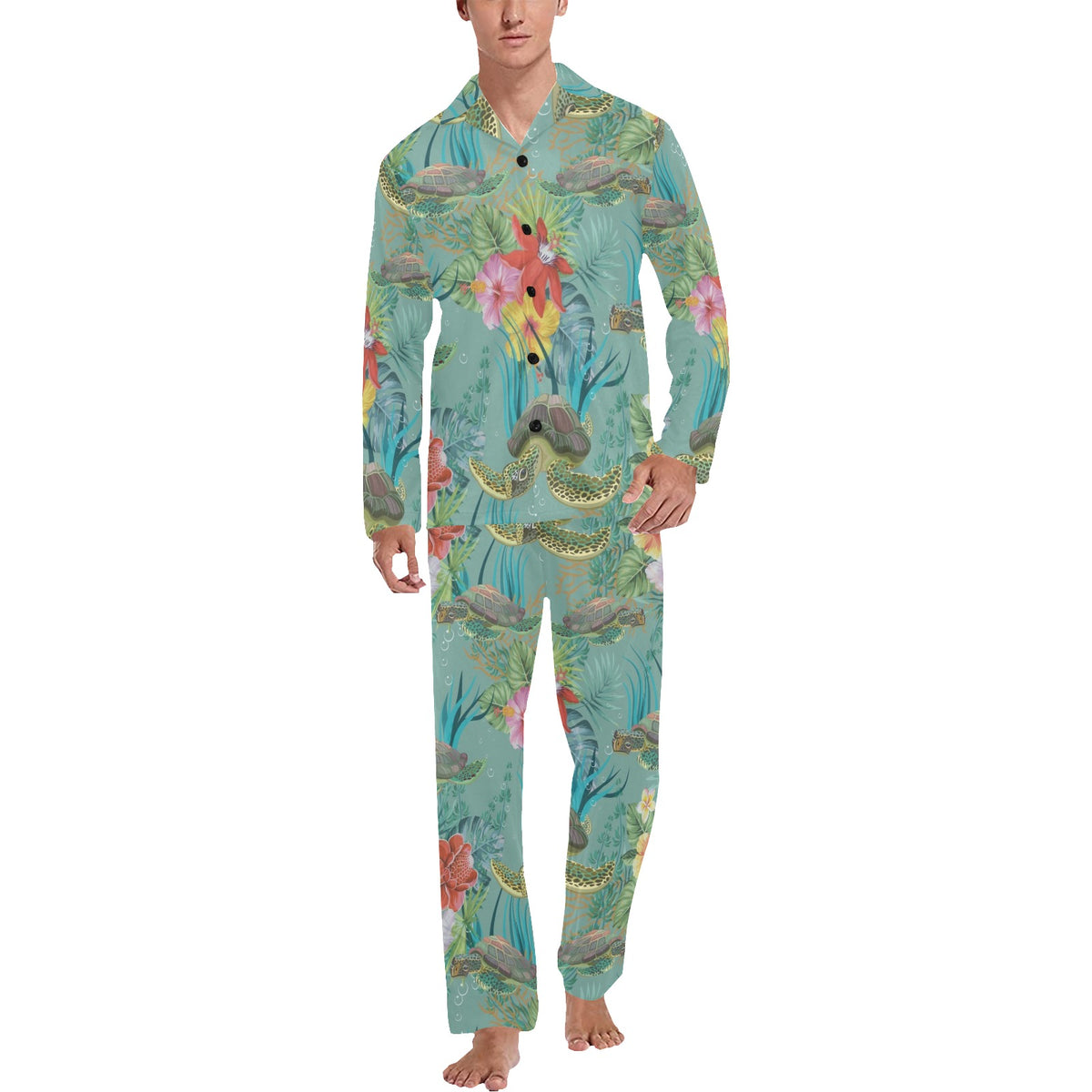 Sea Turtle Pattern Print Design T012 Men's Long Sleeve Pajama Set