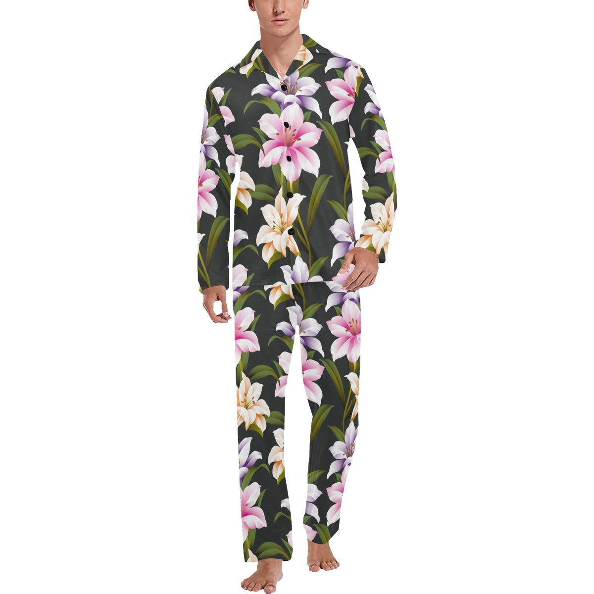 Lily Pattern Print Design LY01 Men's Long Sleeve Pajama Set