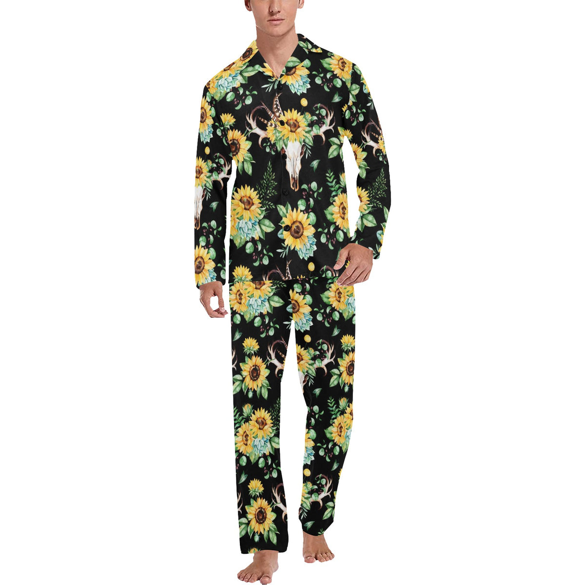 Sunflower Pattern Print Design SF08 Men's Long Sleeve Pajama Set