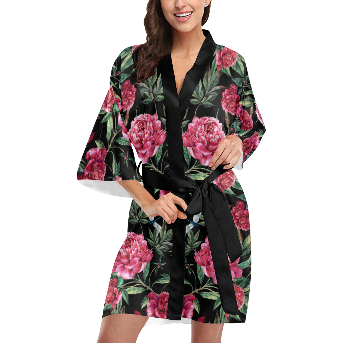 Peony Pattern Print Design PE04 Women's Short Kimono