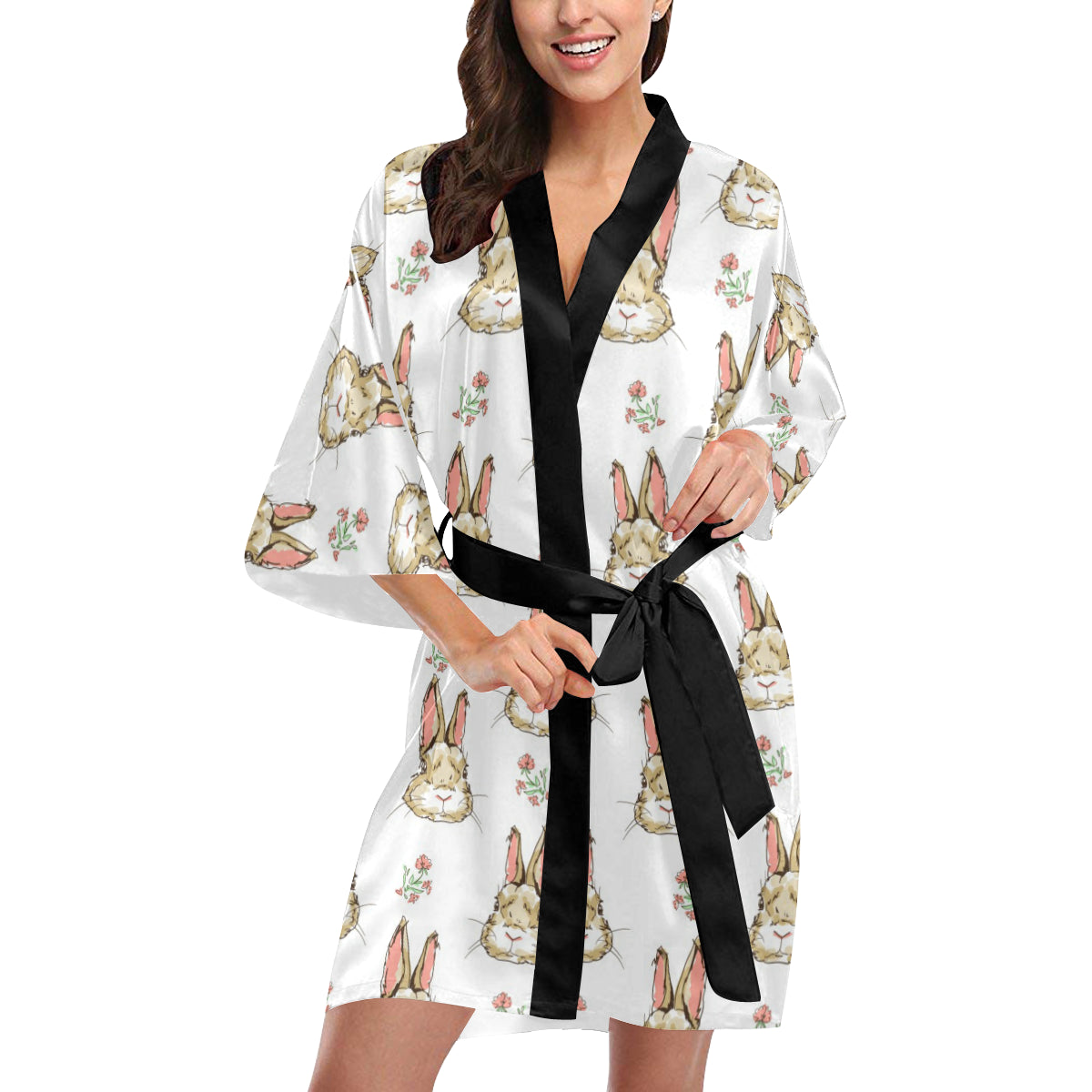 Rabbit Pattern Print Design RB09 Women's Short Kimono