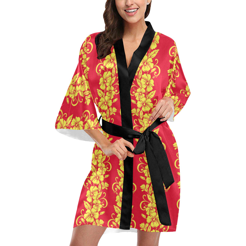 Orange Hibiscus Pattern Print Design HB018 Women's Short Kimono