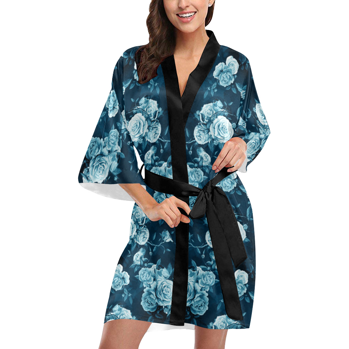 Rose Blue Pattern Print Design RO014 Women's Short Kimono