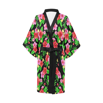 Pink Red Hibiscus Pattern Print Design HB023 Women's Short Kimono