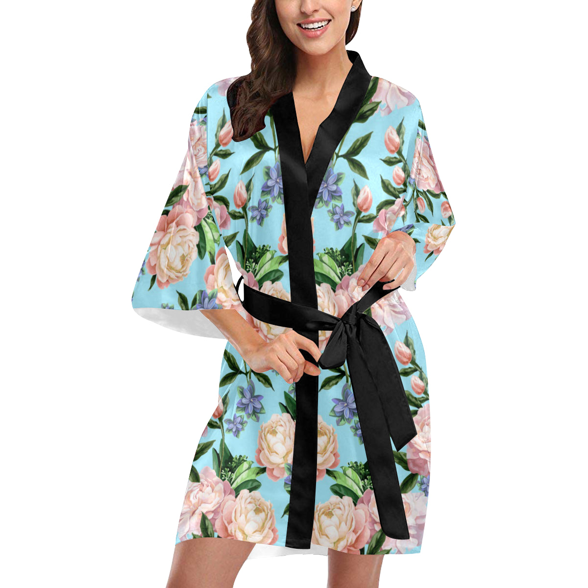 Peony Pattern Print Design PE02 Women's Short Kimono
