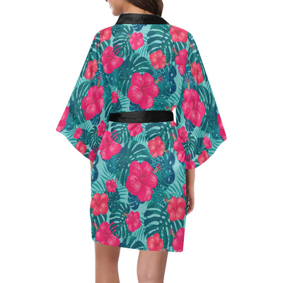 Red Hibiscus Pattern Print Design HB017 Women's Short Kimono