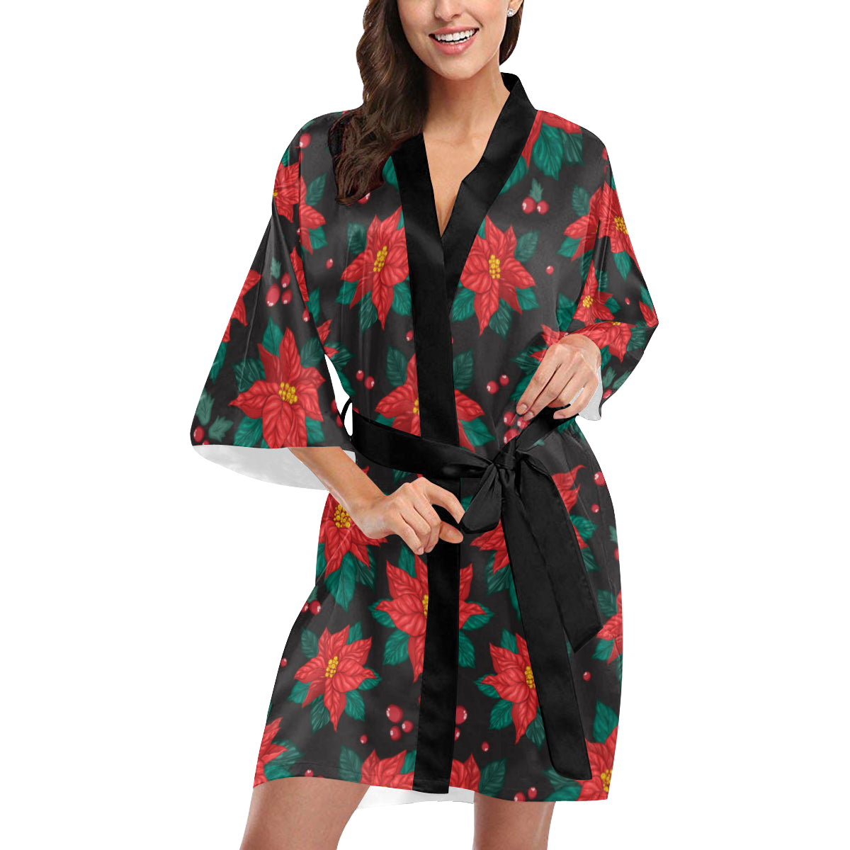 Poinsettia Pattern Print Design POT07 Women's Short Kimono