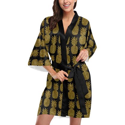 Gold Pineapple Pattern Print Design PP011 Women's Short Kimono