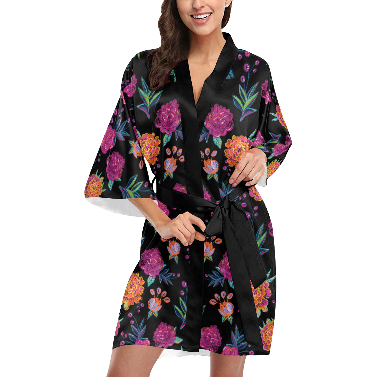 Marigold Pattern Print Design MR02 Women's Short Kimono