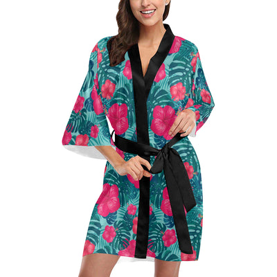 Red Hibiscus Pattern Print Design HB017 Women's Short Kimono