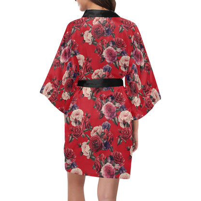 Rose Red Pattern Print Design RO07 Women's Short Kimono