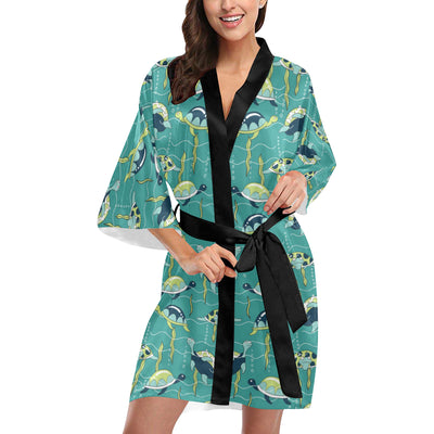 Sea Turtle Pattern Print Design T08 Women's Short Kimono