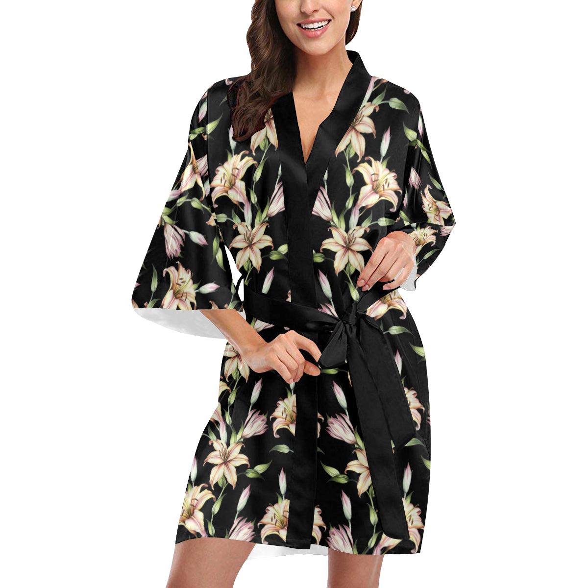 Lily Pattern Print Design LY05 Women's Short Kimono