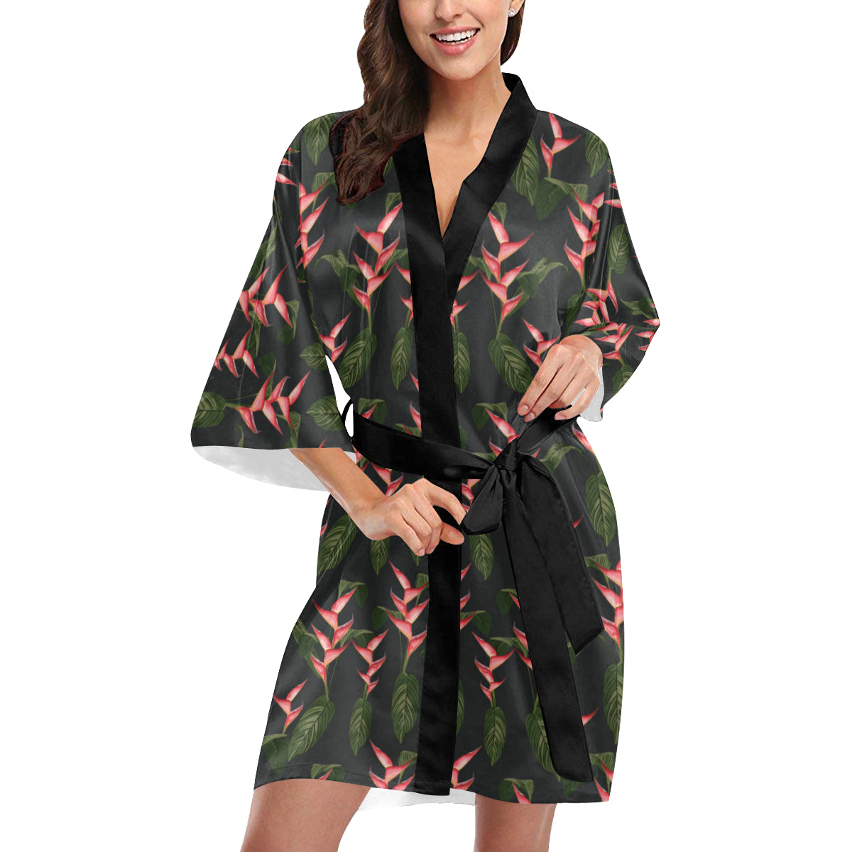 Heliconia Pattern Print Design HL07 Women's Short Kimono