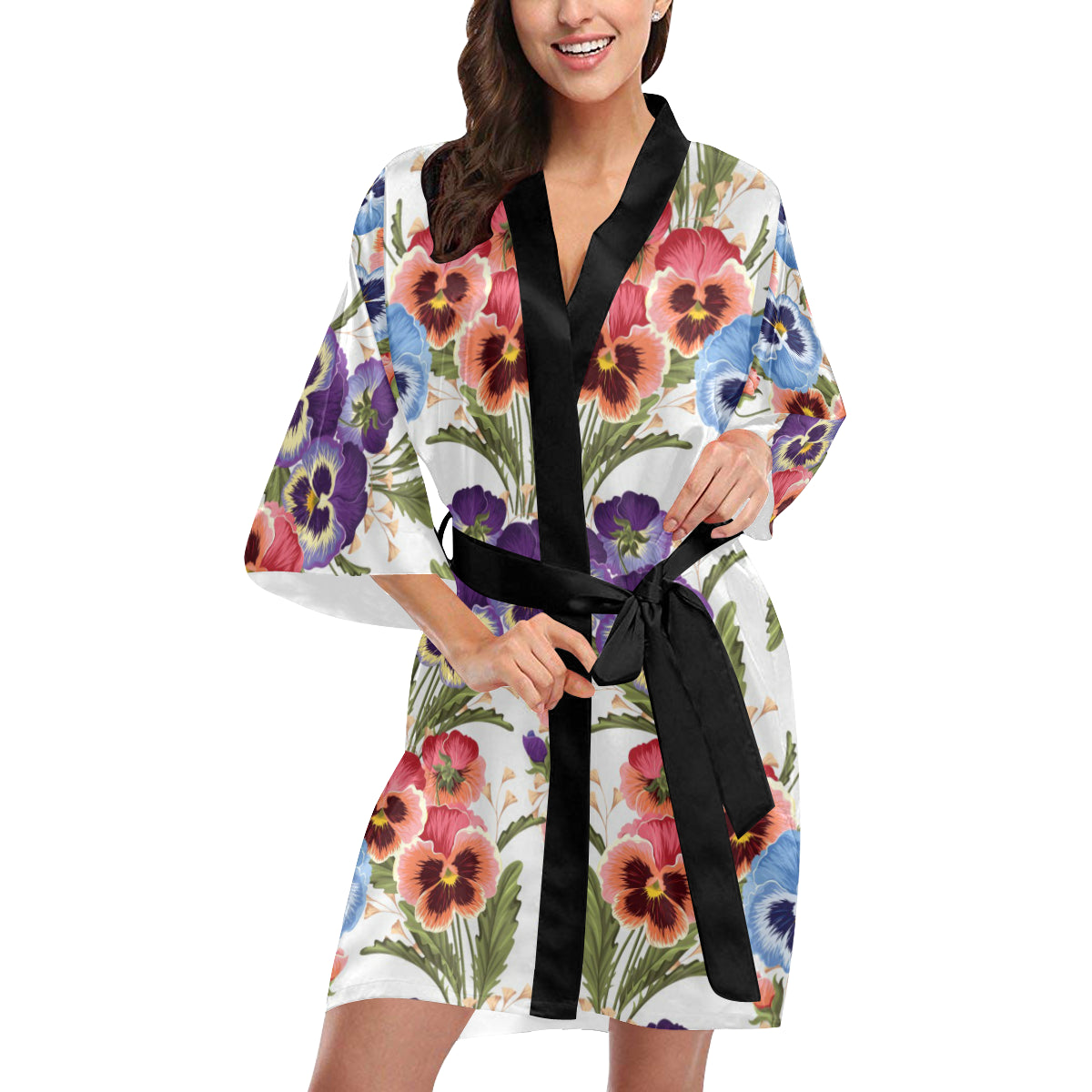 Pansy Pattern Print Design PS06 Women's Short Kimono