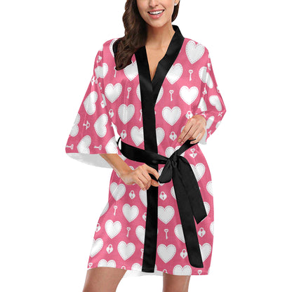 Heart Key Pattern Print Design HE09 Women's Short Kimono