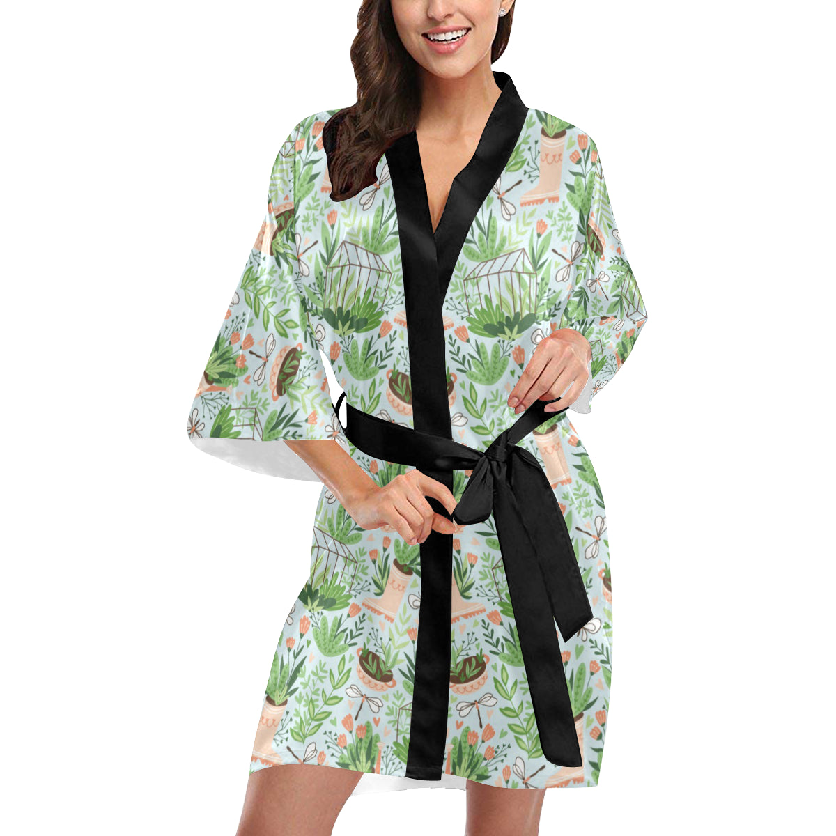 Gardening Pattern Print Design G04 Women's Short Kimono
