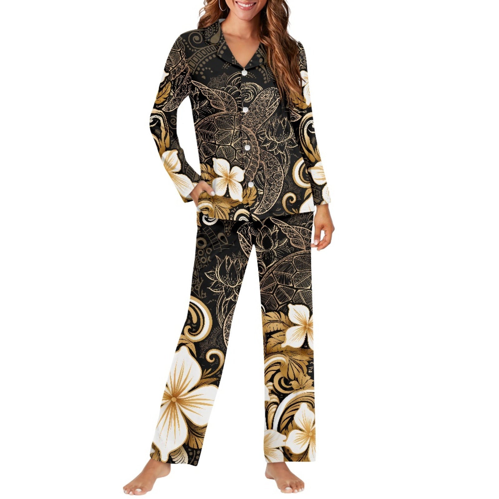 Polynesian Plumeria Sea Turtle Women's Long Pajama Sets