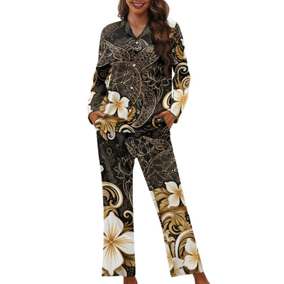 Polynesian Plumeria Sea Turtle Women's Long Pajama Sets