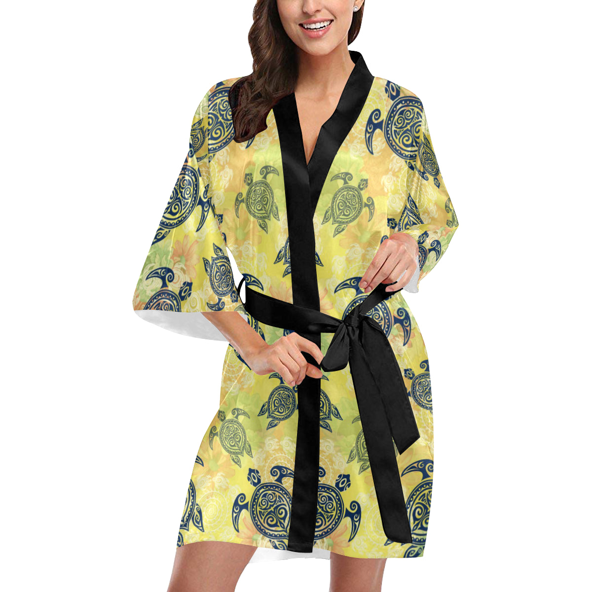 Hawaiian Turtle Tribal Design Print Women's Short Kimono