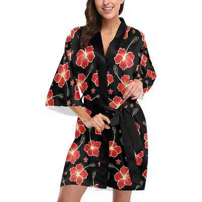 Red Hibiscus Pattern Print Design HB021 Women's Short Kimono