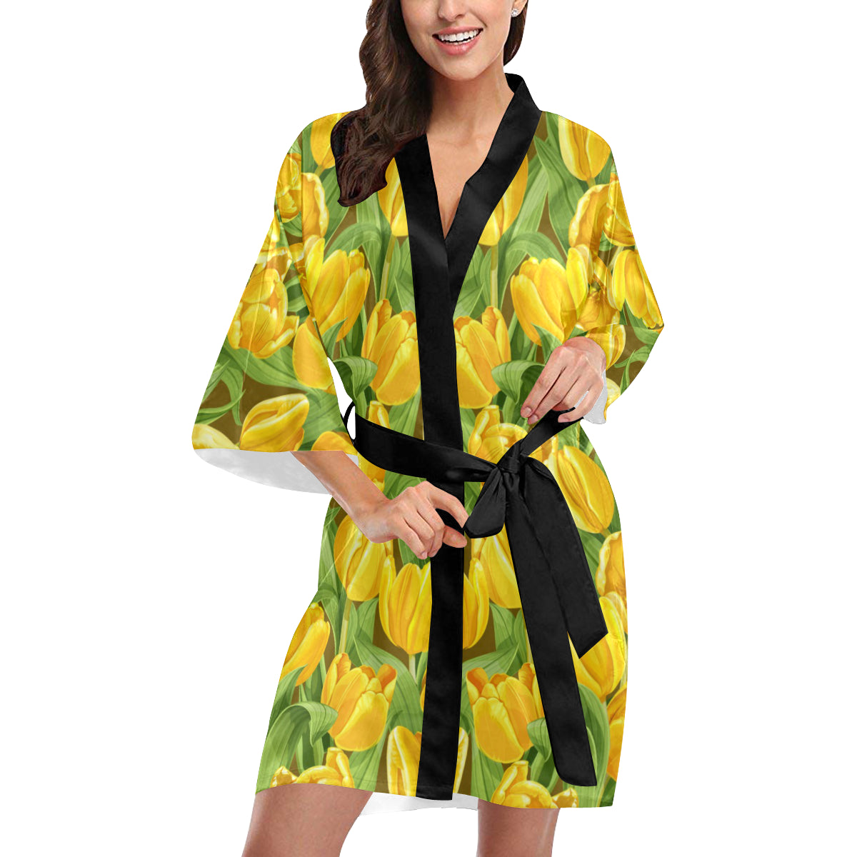 Tulip Yellow Pattern Print Design TP010 Women's Short Kimono