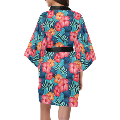 Red Hibiscus Pattern Print Design HB02 Women's Short Kimono