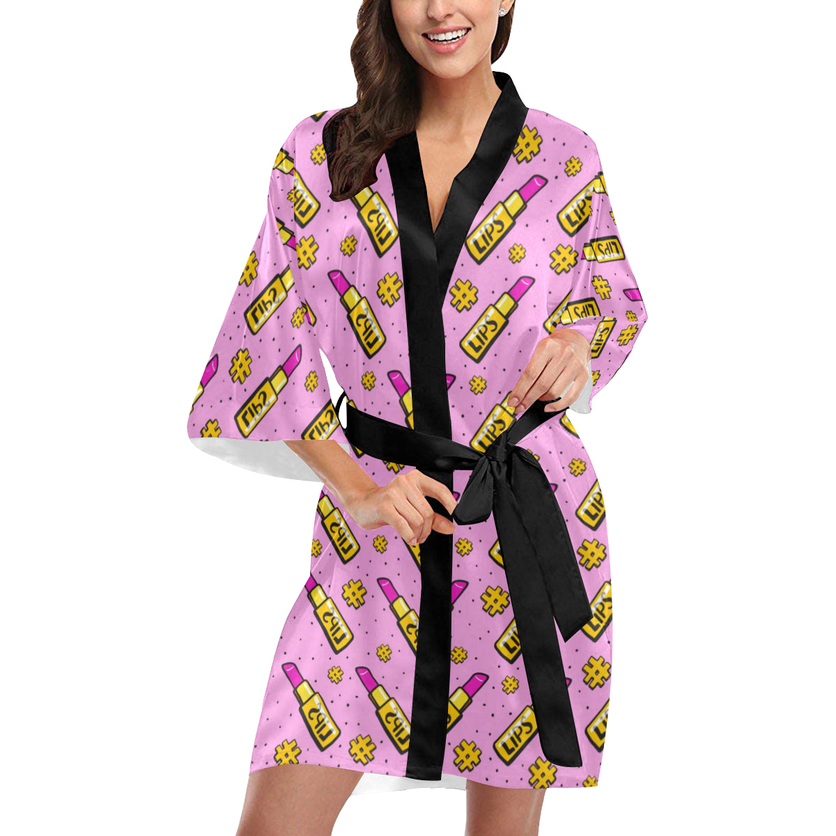 Lipstick Pattern Print Design LT03 Women's Short Kimono