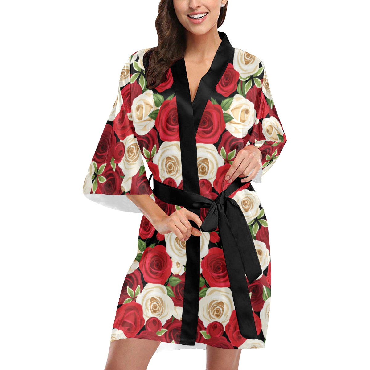 Rose Pattern Print Design RO06 Women's Short Kimono