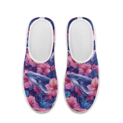 Tropical Whale Seamless Pattern with Pink Hibiscus Flowers Women's Mesh Casual Shoes