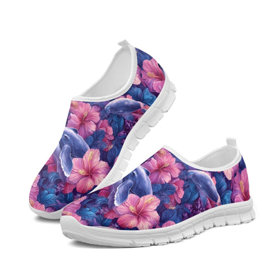 Tropical Whale Seamless Pattern with Pink Hibiscus Flowers Women's Mesh Casual Shoes