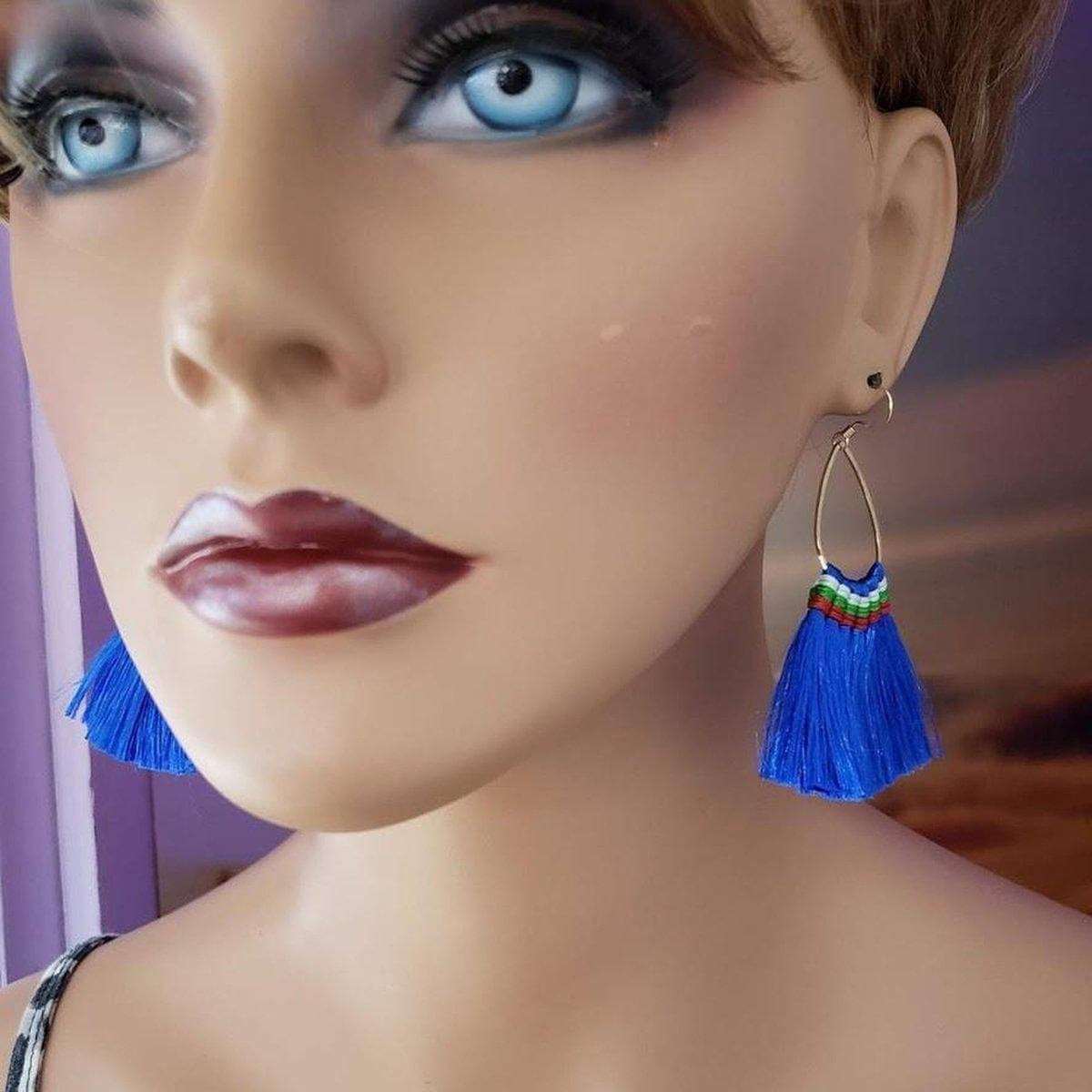 Handmade Hawaii Hula Skirt Rayon Silk Tassel Hoop Earrings