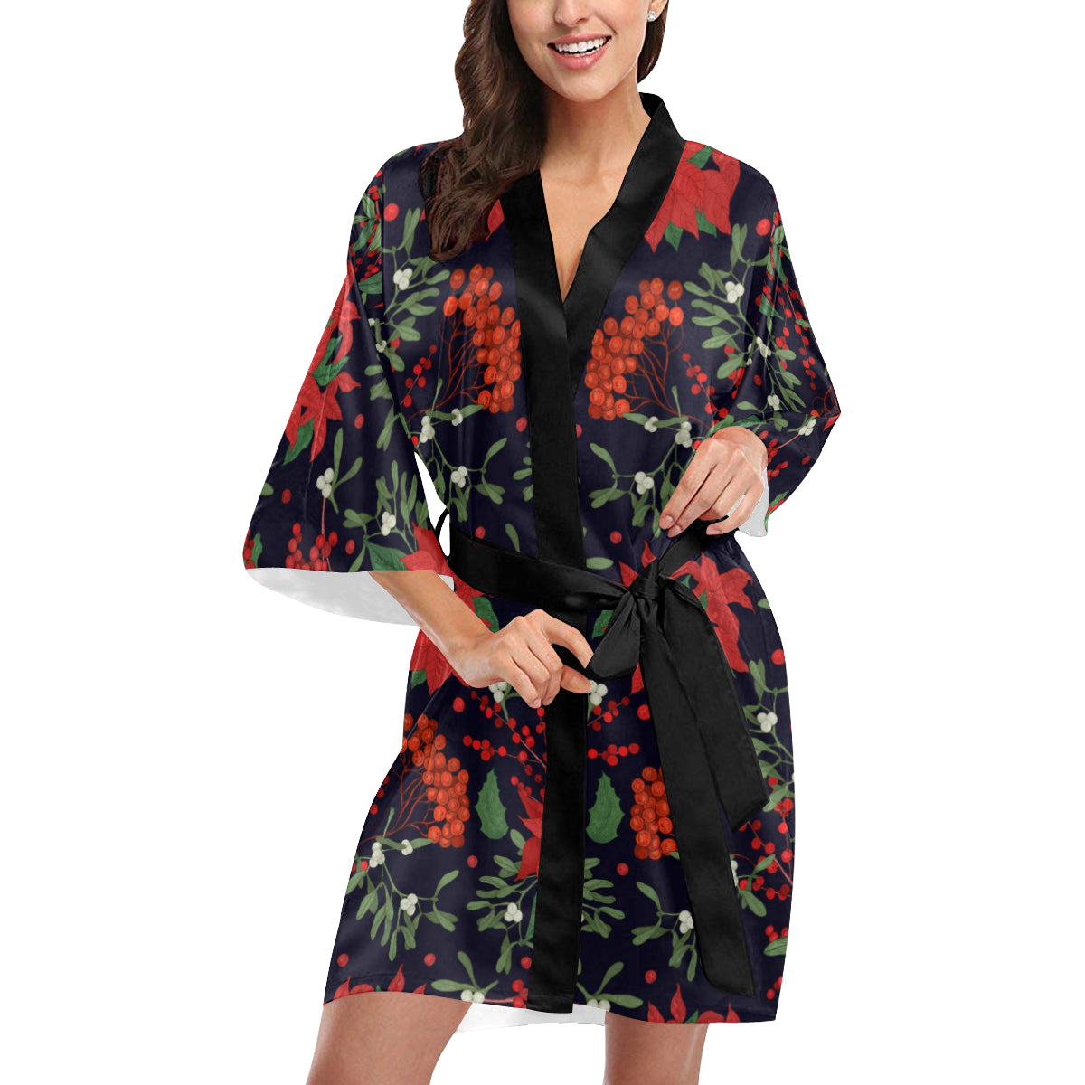 Poinsettia Pattern Print Design POT02 Women's Short Kimono