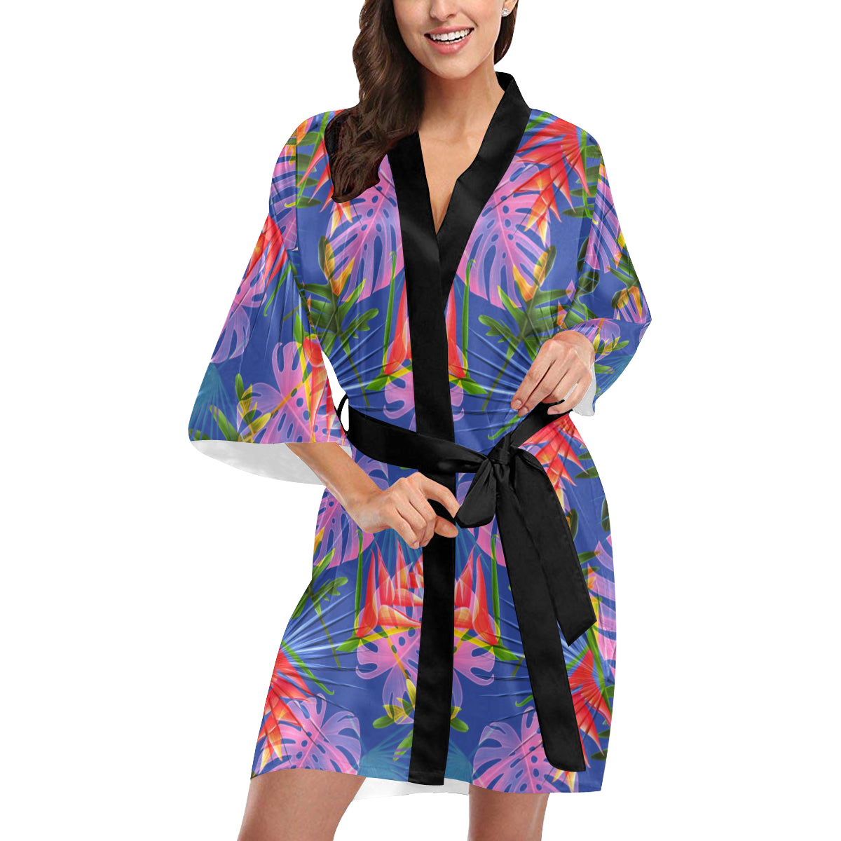 Tropical Flower Pattern Print Design TF025 Women's Short Kimono