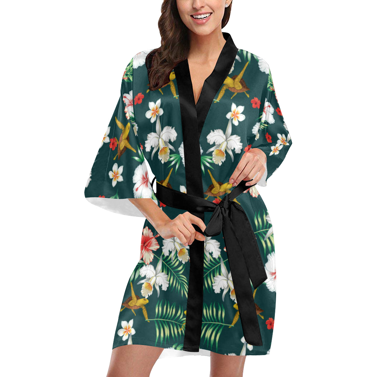 Hawaiian Flower Design with SeaTurtle Print Women's Short Kimono