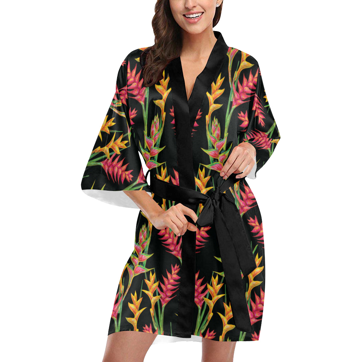 Heliconia Pattern Print Design HL01 Women's Short Kimono