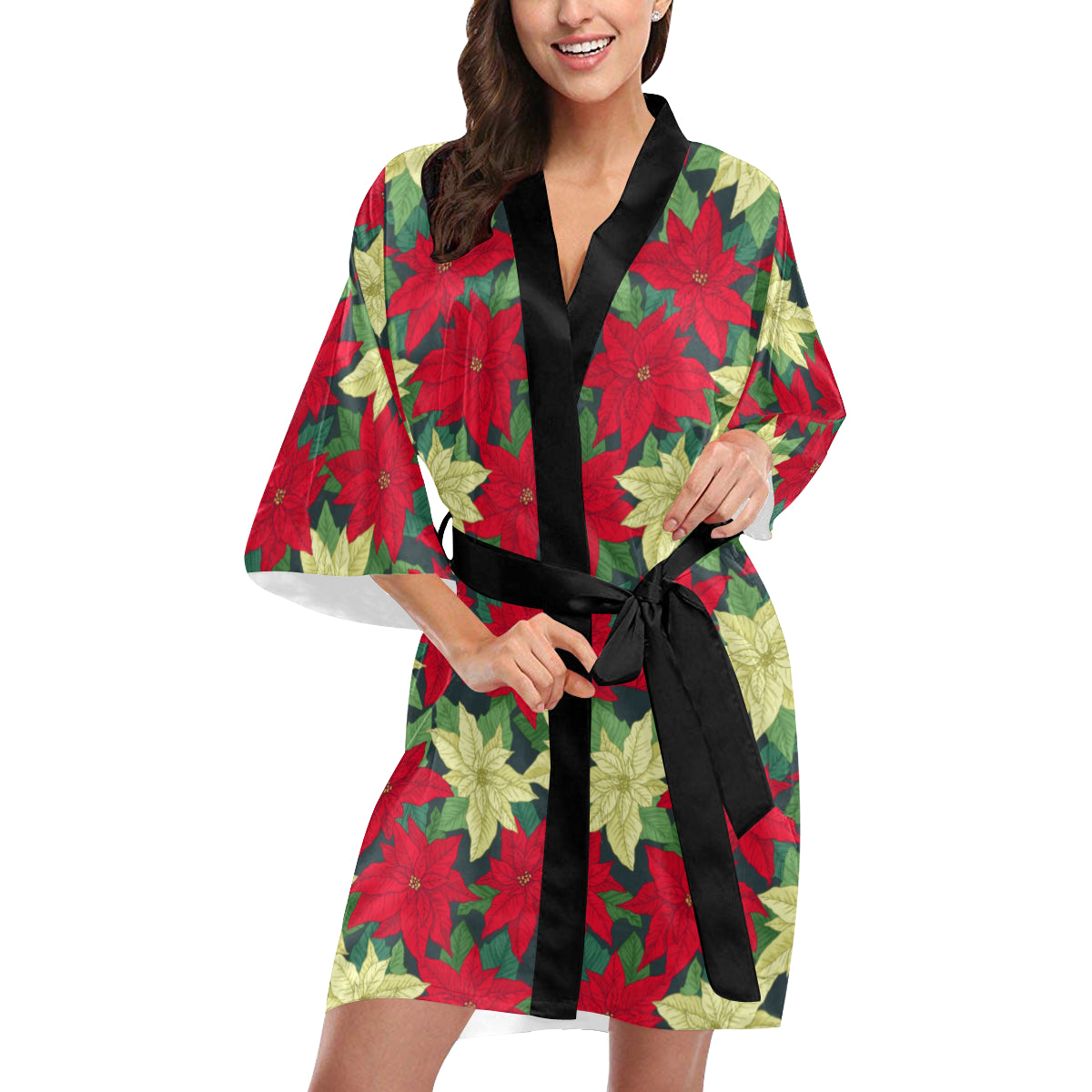 Poinsettia Pattern Print Design POT06 Women's Short Kimono