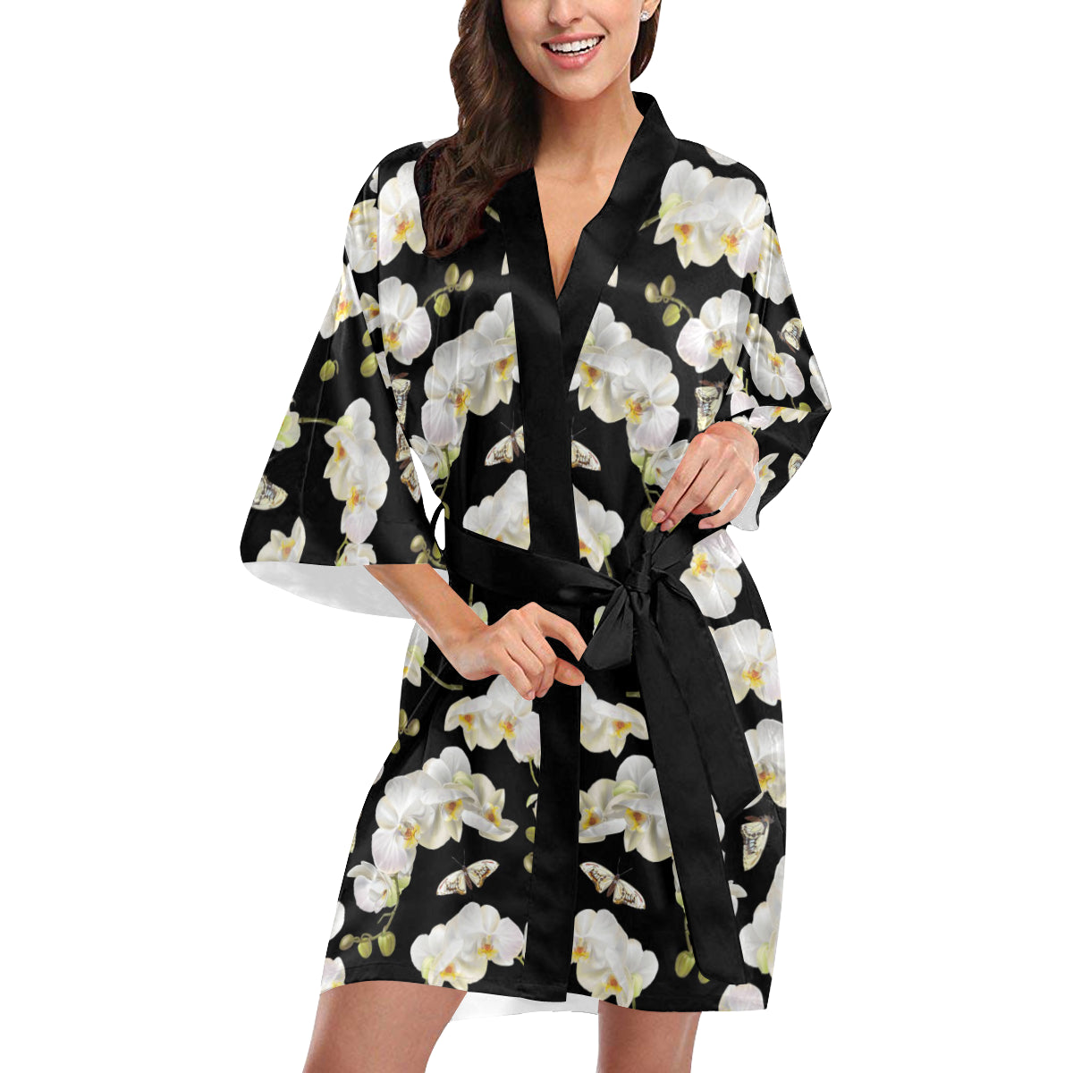 Orchid White Pattern Print Design OR011 Women's Short Kimono
