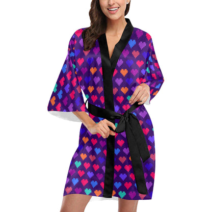 Heart Pixel Pattern Print Design HE03 Women's Short Kimono