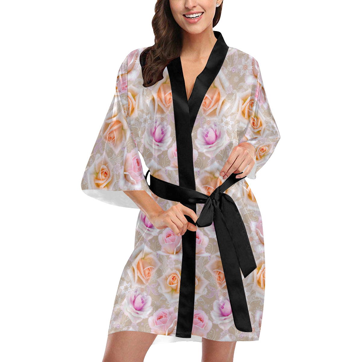 Rose Pattern Print Design RO011 Women's Short Kimono
