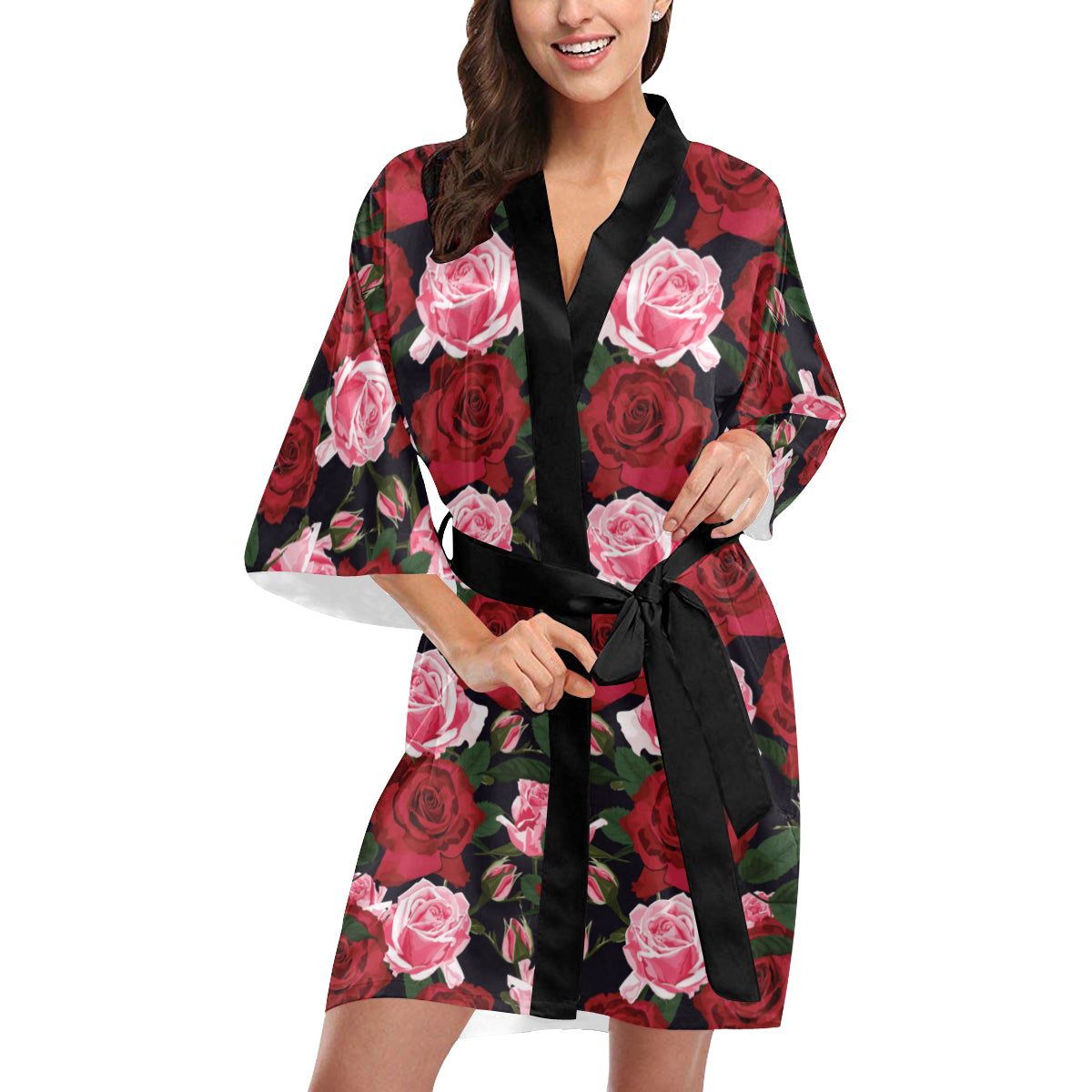 Rose Red Pink Pattern Print Design RO01 Women's Short Kimono