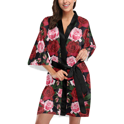 Rose Red Pink Pattern Print Design RO01 Women's Short Kimono