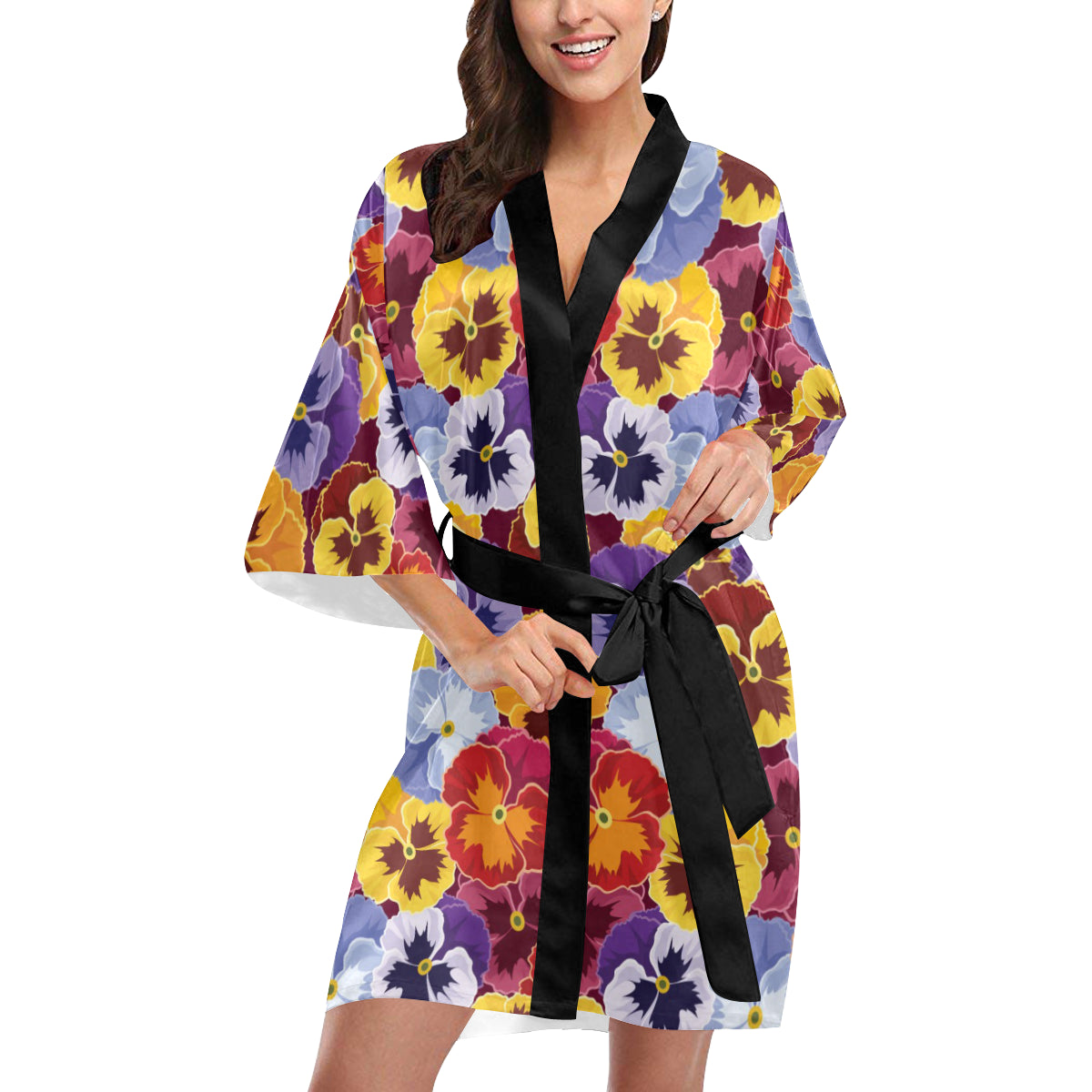 Pansy Pattern Print Design PS01 Women's Short Kimono