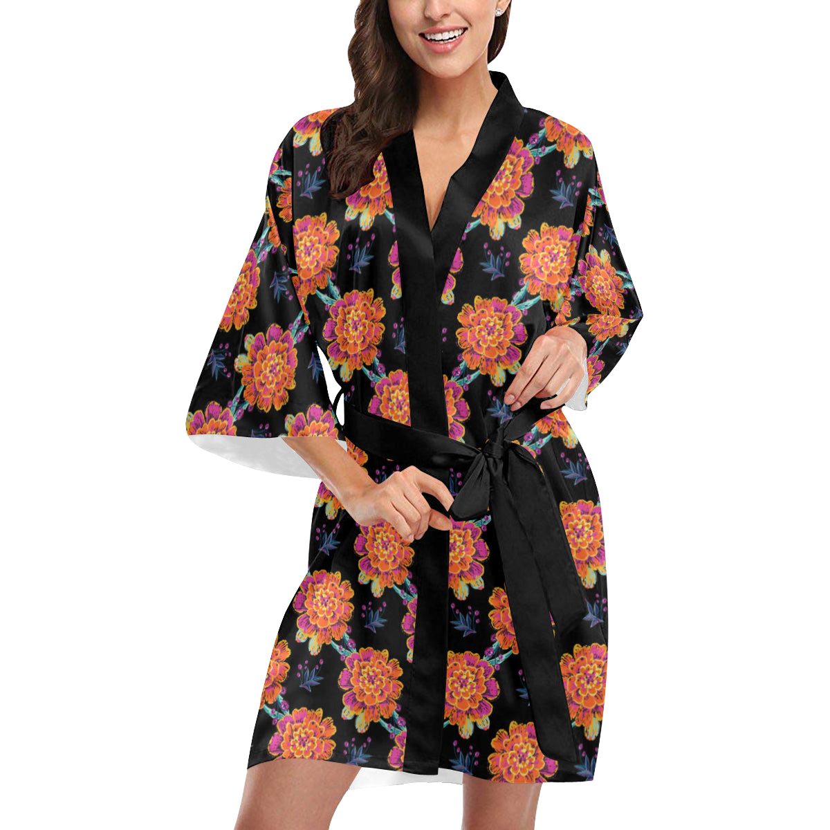 Marigold Pattern Print Design MR04 Women's Short Kimono