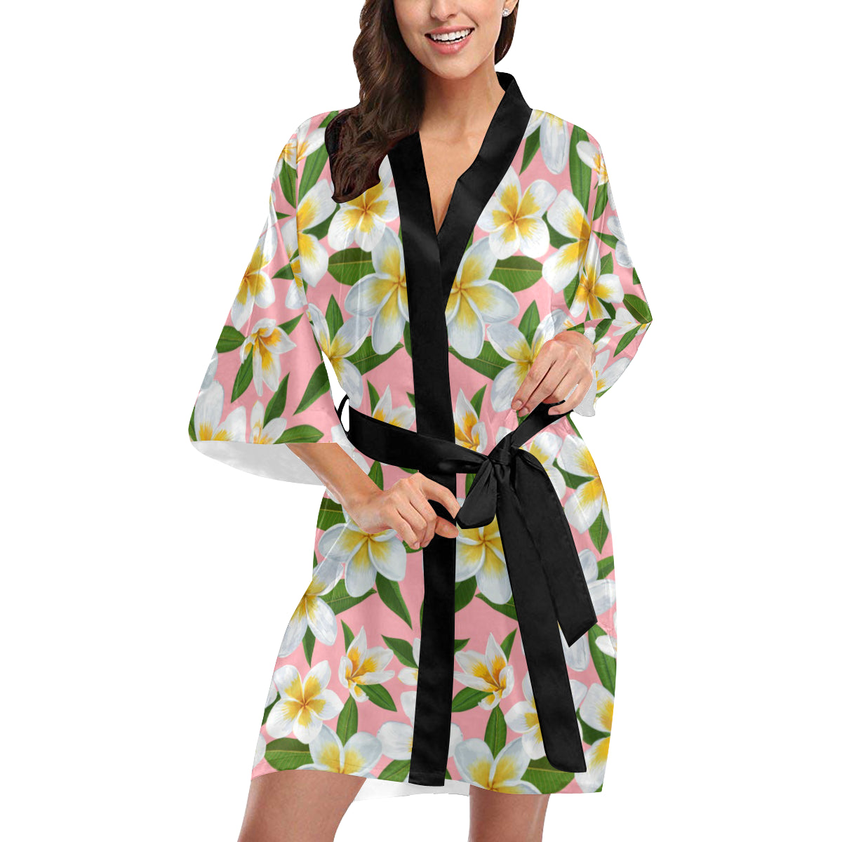White Plumeria Pattern Print Design PM011 Women's Short Kimono