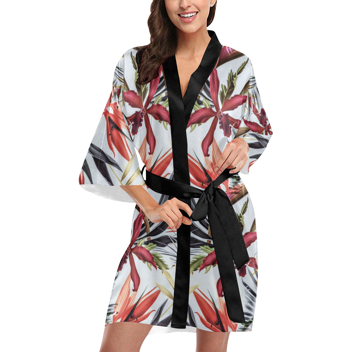 Tropical Flower Pattern Print Design TF021 Women's Short Kimono