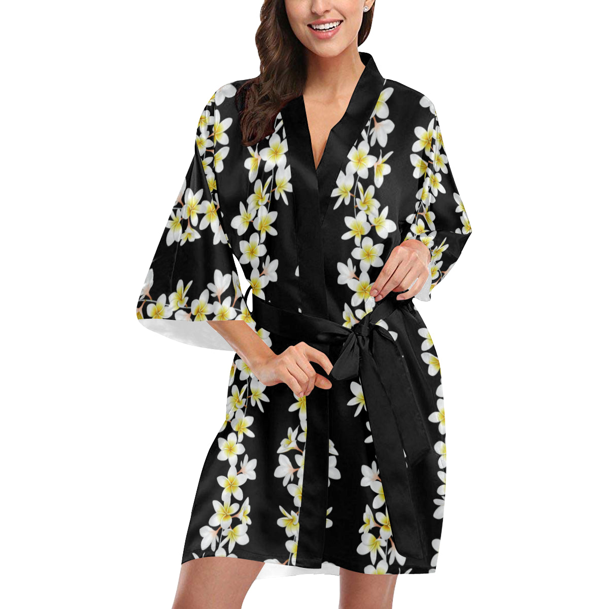White Plumeria Pattern Print Design PM08 Women's Short Kimono