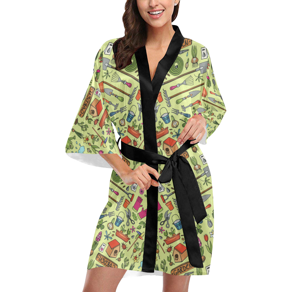 Gardening Pattern Print Design G02 Women's Short Kimono